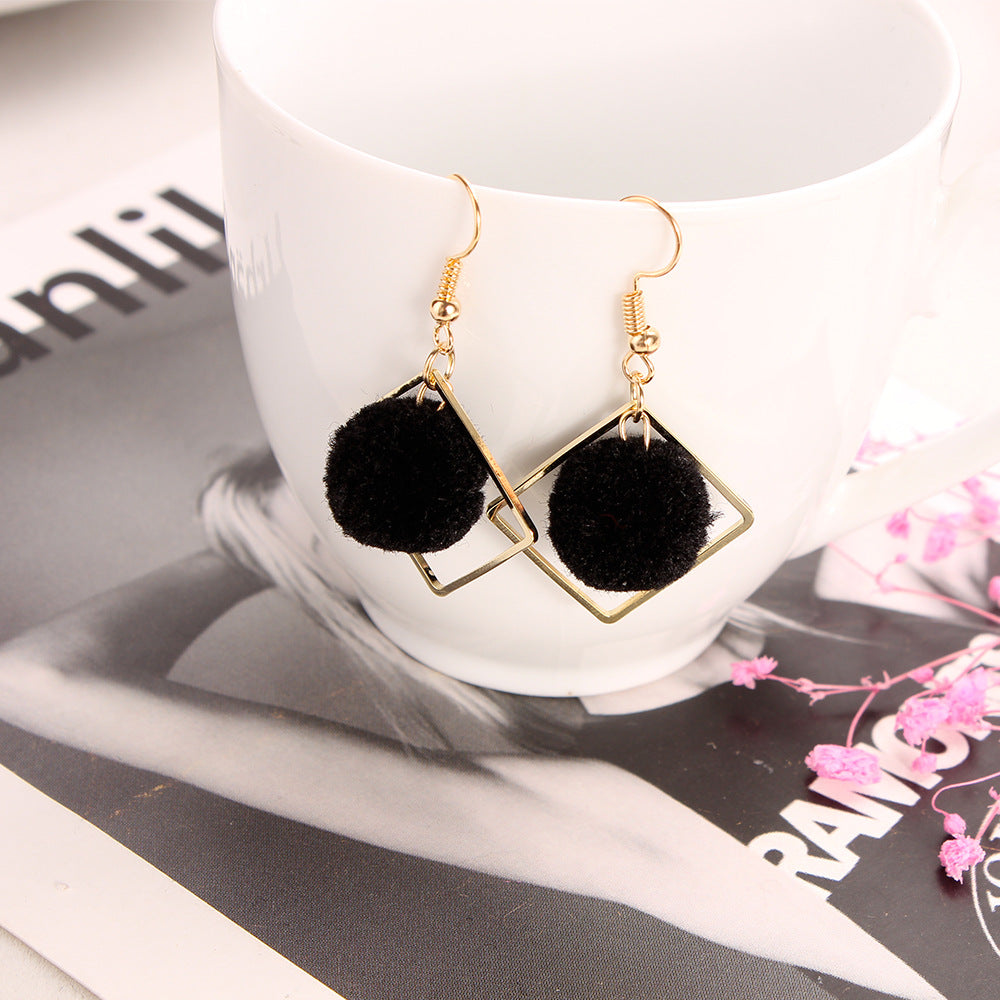 Wholesale Khaki Geometric Diamond Pom Pom Earrings